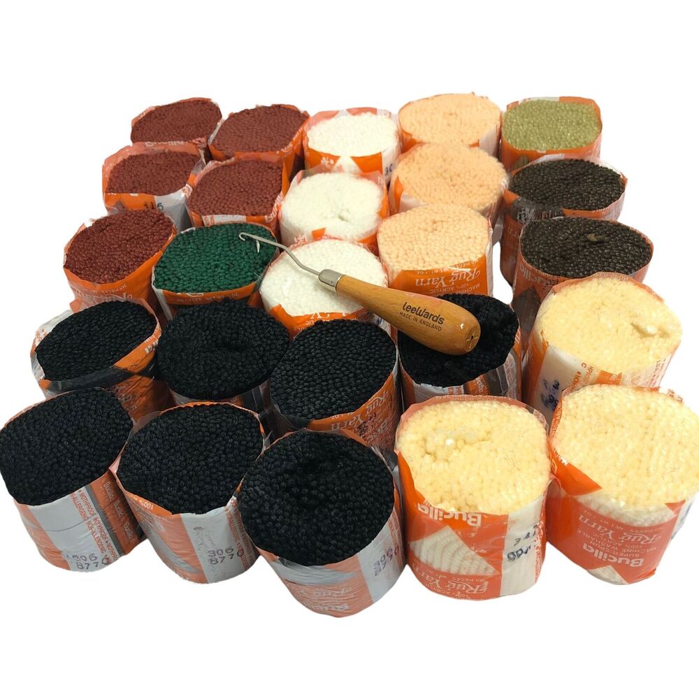 Lot 25 Vintage Bucilla Latch Hook Rug Yarn Pre Cut Acrylic + LeeWards Rug Tool